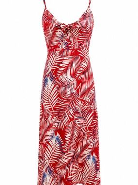 Cupshe Red Strappy Midi Dress with Blue and Ivory White Palm Leaves and Cut Out